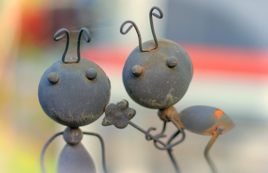 Image de deux décorations en métal qui représentent deux fourmis heureuses .